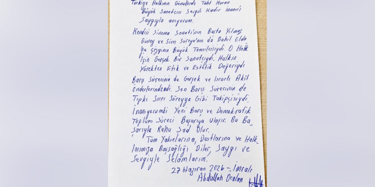 Rêber Abdullah Ocalan ji bo wefata Kadîr Înanir peyama sersaxiyê şand 